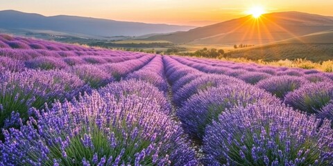 Obraz premium Lavender Field in Full Bloom with Rolling Hills in the Background During Golden Hour