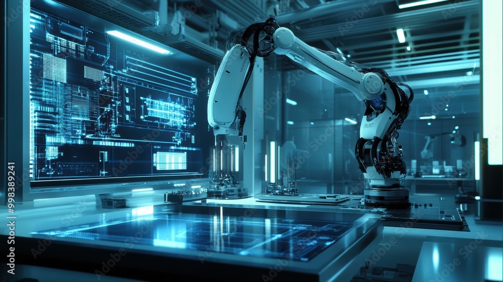 Fototapete inside a cutting-edge laboratory, a robotic arm skillfully assembles complex machinery, illuminated 