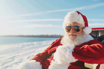 Santa in sunglasses leaning on his sleigh. Christmas background