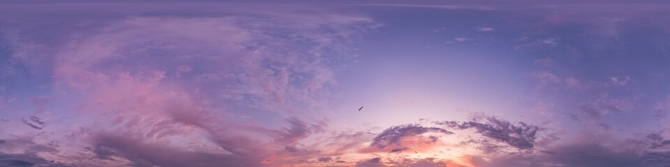 Sunset sky panorama with bright glowing pink Cumulus clouds. HDR 360 seamless spherical panorama. Full zenith or sky dome in 3D, sky replacement for aerial drone panoramas. Climate and weather change.