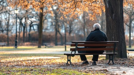 Park Bench with an Elderly Man Sitting Alone, Deep in Thought