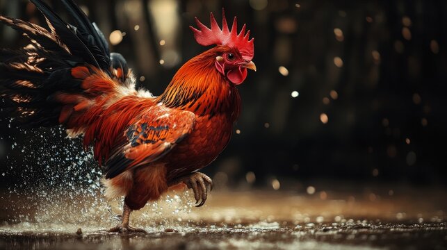 Picture a fighting cock in a moment of victory, its stance strong and triumphant.