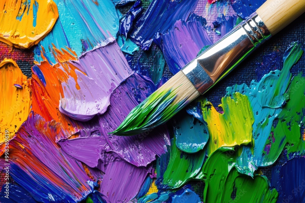Leinwandbilder a vibrant palette filled with colorful splashes of paint and a paintbrush resting on the canvas refl