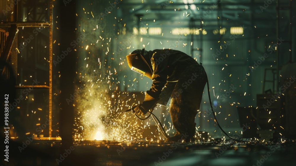 Poster a man in a protective suit is working in a factory with sparks flying around him