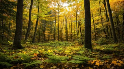 Obraz premium Picture a forest in early fall, with leaves just starting to change color.