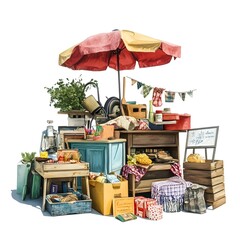 Bustling Yard Sale Highlighting a Hodgepodge of Pre Owned Treasures and Festive Promotional Banner