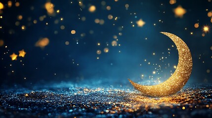 Fototapeta premium A crescent moon with golden patterns, glittering stars in the background, dark sky, Ramadan concept art