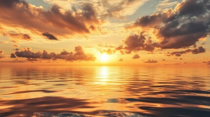 Picture a golden sunset with a partially cloudy sky, casting warm hues over a calm, reflective sea