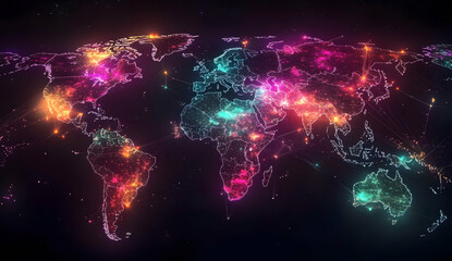 Obraz premium Vibrant Digital World Map with Glowing Connections
