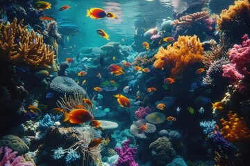 An image of a deep-sea coral forest, with towering coral structures and a diverse array of colorful fish weaving through the coral branches. 