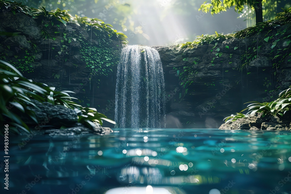 Poster a breathtaking view of a secluded waterfall cascading into a crystal-clear pool, surrounded by the r