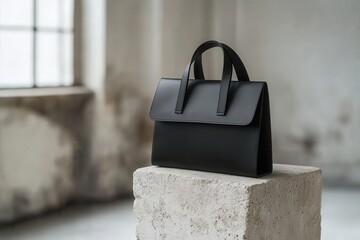 A sleek black handbag rests on a concrete pedestal in a minimalist setting.