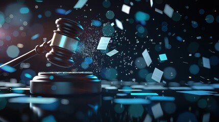 A conceptual visualization of a gavel hitting a virtual button that triggers a cascade of digital legal documents, signifying the initiation of digital legal processes.