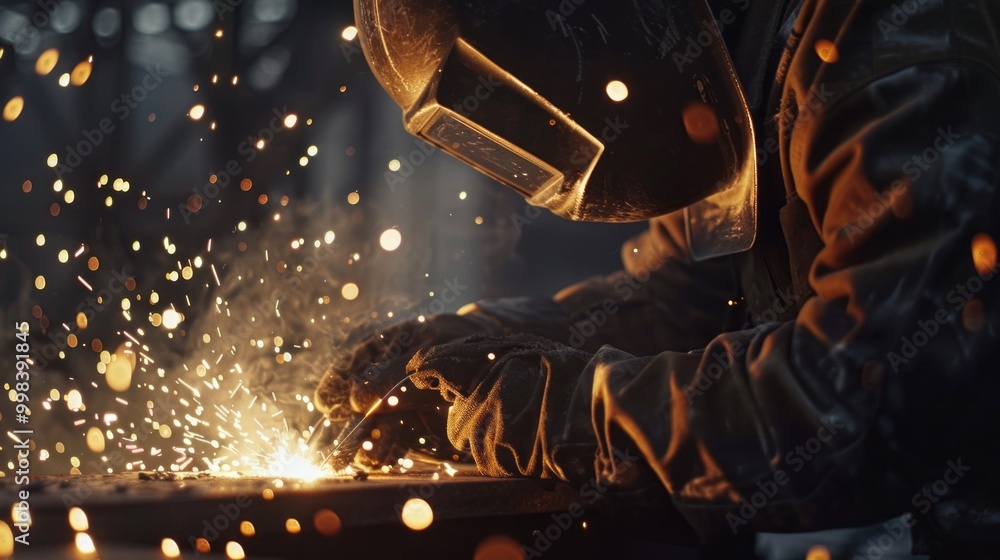 Poster a man is wearing a black helmet and gloves while working with sparks