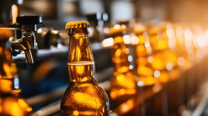 Close-up of an amber beer bottle on a blurred brewery background with glistening taps.