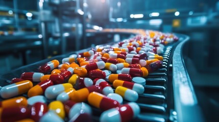 Fototapeta premium Colorful capsules moving along a conveyor belt in a pharmaceutical manufacturing facility.