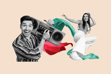 Composite photo collage of two happy girl guy dance retro party obsolete boombox device weekend occasion isolated on painted background
