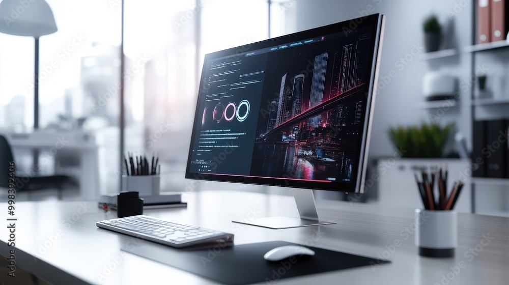 Poster picture a modern office with a computer featuring a large, high-resolution monitor.