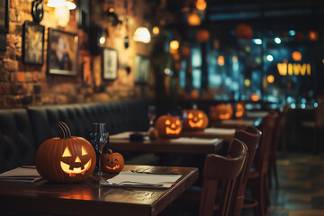 Cozy Halloween Ambiance With Carved Pumpkins and Decorations Brightening up a Charming Restaurant Setting