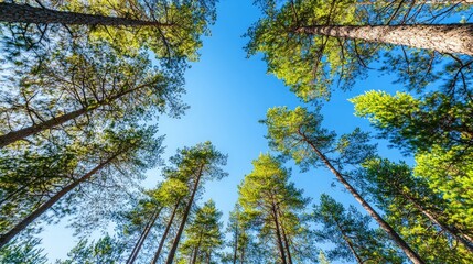 Obraz premium Picture a pine forest with a clear blue sky overhead.