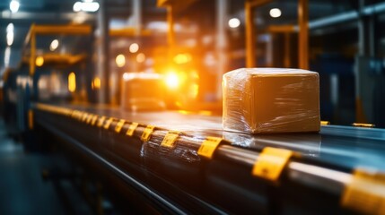 Packages moving along a conveyor belt in a modern warehouse environment with warm lighting.