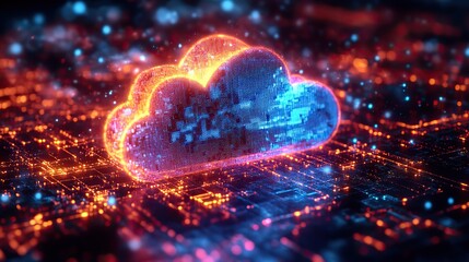 A 2D rendering highlights the concept of cloud computing technology, focusing on modern advancements in digital infrastructure.
