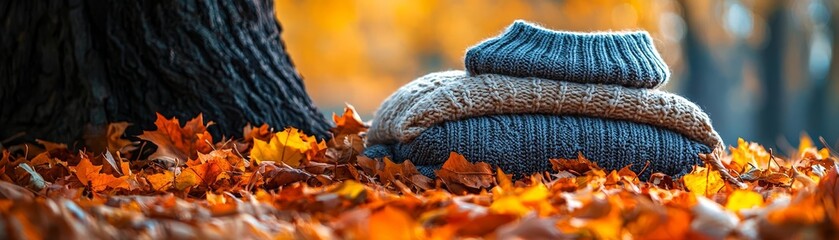 Fototapeta premium A pile of colorful autumn leaves under a tree, with a soft, folded sweater placed on top, ready for the season