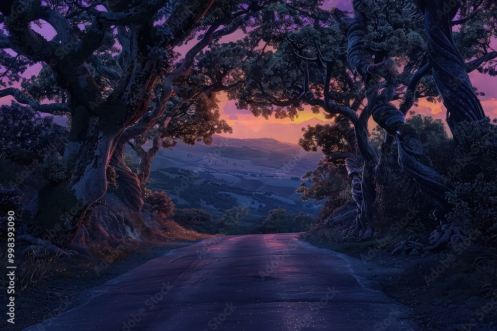 Poster a view of an empty paved road in the mountains, with the last light of the day casting long shadows.