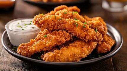 Picture a plate of fried chicken strips, each piece coated in a spicy Cajun seasoning.