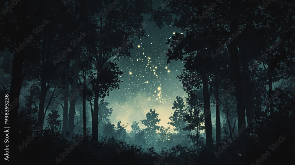 Wall mural silhouettes of trees in a dark forest with a starry sky.