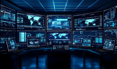 Obraz premium Futuristic Control Room with Multiple Screens Displaying Data