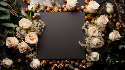 Ivory roses, gold decor, baby breath surrounds blank card mockup on dark marble. Premium invitation template advertising image. Special announcement mock up product photorealistic