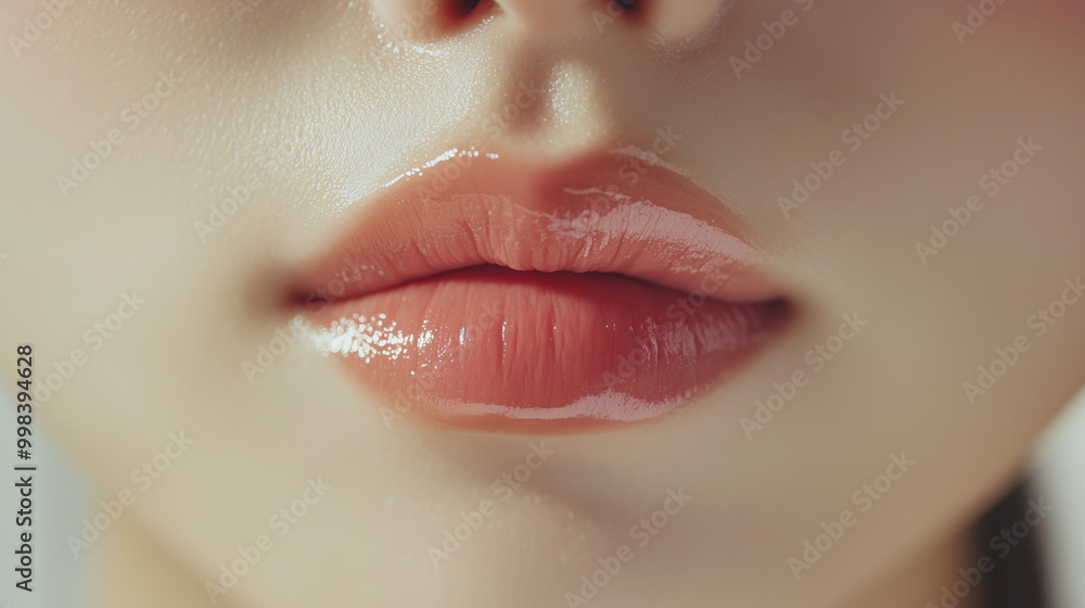 Poster 若いアジア人女性の唇のクローズアップ。潤いのあるピンク色の口紅を付けている可愛い口元。