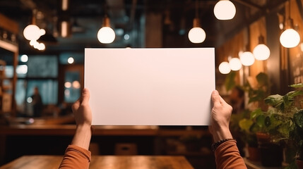 Hands holding blank card mockup with ambient lighting in cafe. Restaurant branding template advertising image. Warm atmosphere with hanging lights mock up product photorealistic
