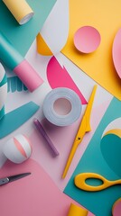 Crafting Supplies Arrangement with Scissors Glue Guns and Layered Paper in Minimal White Background