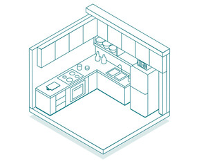 Bright isometric kitchen illustration made with lines: stylish and modern vector design with clear interior detailing. Linear kitchen image is suitable for architectural projects and graphic design.