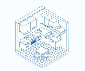 Bright isometric kitchen illustration made with lines: stylish and modern vector design with clear interior detailing. Linear kitchen image is suitable for architectural projects and graphic design.