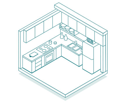 Bright isometric kitchen illustration made with lines: stylish and modern vector design with clear interior detailing. Linear kitchen image is suitable for architectural projects and graphic design.