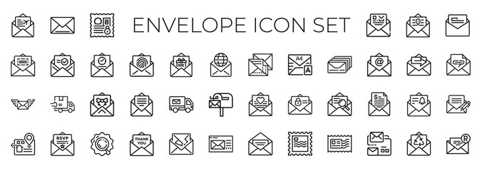 envelopes types, stamps letters packages icon collection, information message delivery business