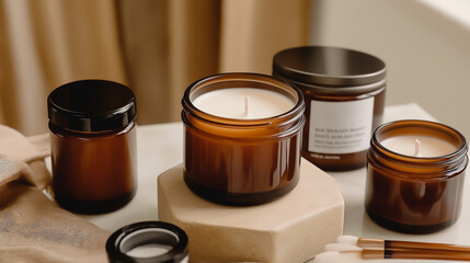 Candle autumn in small amber brown glass jar with wooden wick on wooden stand on background. 
