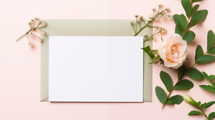 Fototapeta premium Blank white card mockup with peach rose on pastel background. Elegantly arranged paper template advertising image. Romantic gentle flowers green leaves mock up product photorealistic