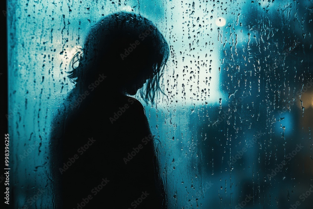 Poster a lone figure stands by a rain-soaked window, lost in introspection, as raindrops create a soft, moo