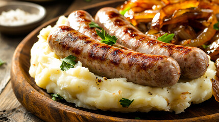 A hearty dish featuring grilled sausages on creamy mashed potatoes, garnished with herbs, served alongside sautéed onions.