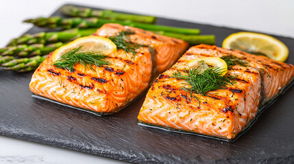 Grilled salmon fillets with lemon and dill, served alongside fresh asparagus on a black slate plate.