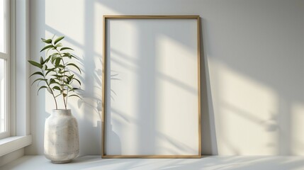Photo mockup with frame and green branches. Creative picture template in minimalist interior design advertising image. Keeping memories with painting mock up product photorealistic