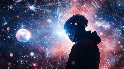 Abstract image of a welder in a starry sky, composed of points, lines, and shapes like planets and stars, symbolizing welding work.
