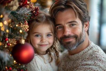 Portrait of a father and daughter decorating a Christmas tree. Christmas concept. Happy family decorating christmas tree