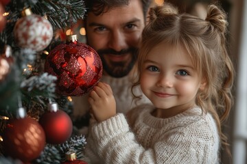 Portrait of a father and daughter decorating a Christmas tree. Christmas concept. Happy family decorating christmas tree