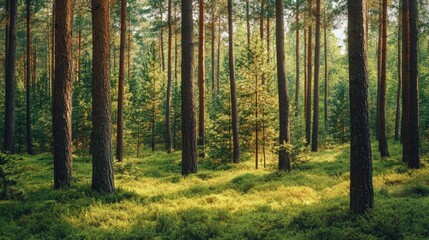 Fototapeta premium Picture a vibrant pine forest with tall trees and a carpet of green needles.