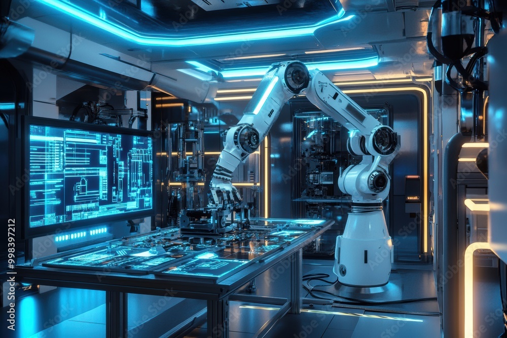 Fototapete a robotic arm precision-assembles complex machinery in a modern lab filled with glowing panels and a
